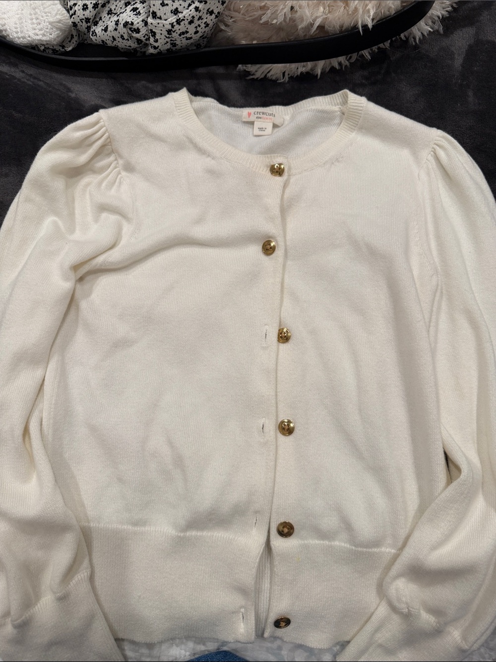 J. Crew Ivory Puff Sleeve Crewneck Cardigan with Gold Buttons